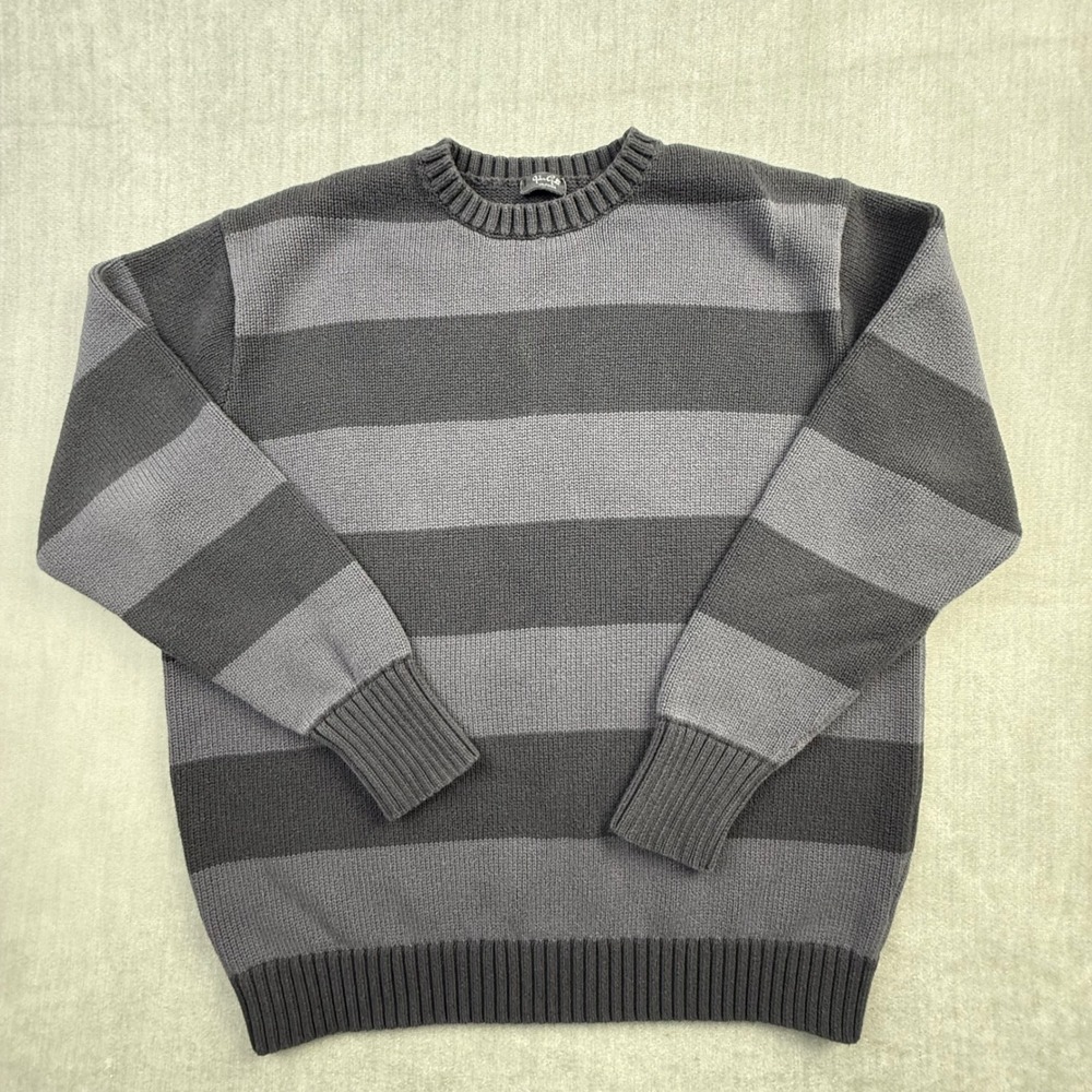 John Galt California Mens Striped Crewneck Sweater Grey Blue Cotton MH320